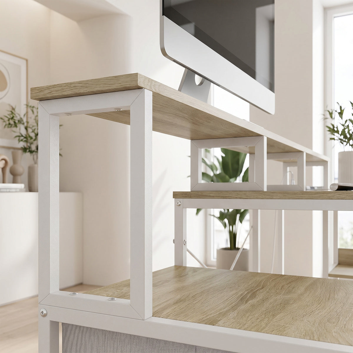Bureau d'angle avec prises et lumières LED RGB, bureau d'ordinateur, 172 x 100 cm, support d'écran, 2 tiroirs, blanc-9