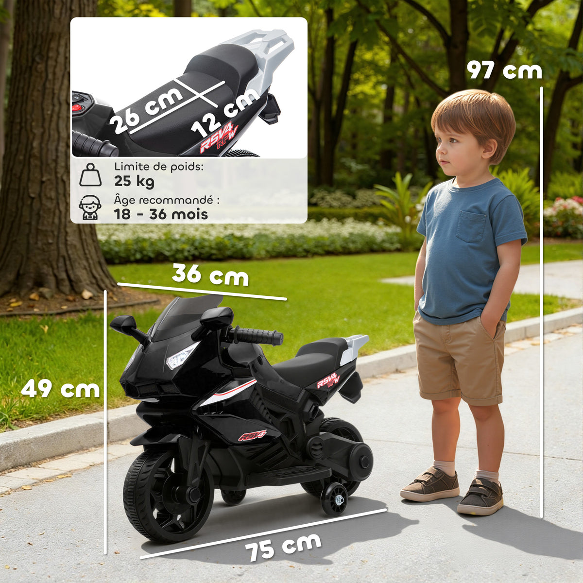 Moto électrique enfants, moto à batterie 6 V avec effets lumineux et sonores, roues d'entraînement, 75x36x49cm, noir-2