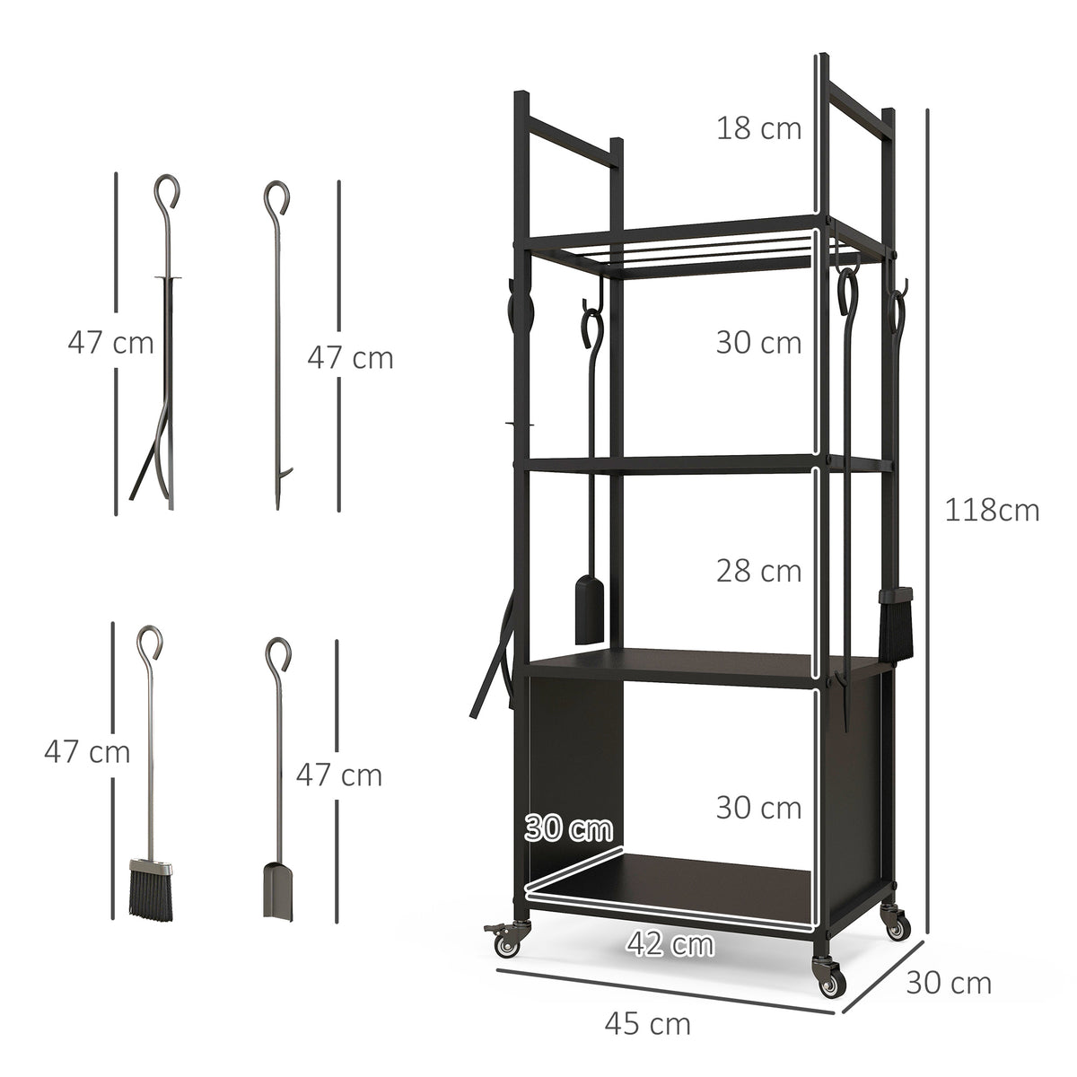 Chariot range bûches intérieur, porte-bûches roulettes, 4 outils de cheminée, 4 étagères, métal, 45 x 30 x 118 cm, noir-2