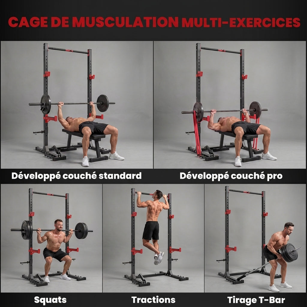Power Tower Multifonction Charge 500 kg Largeur Réglable, Barre de Traction, Rack de Squat, 176x106x212cm, Rouge-4