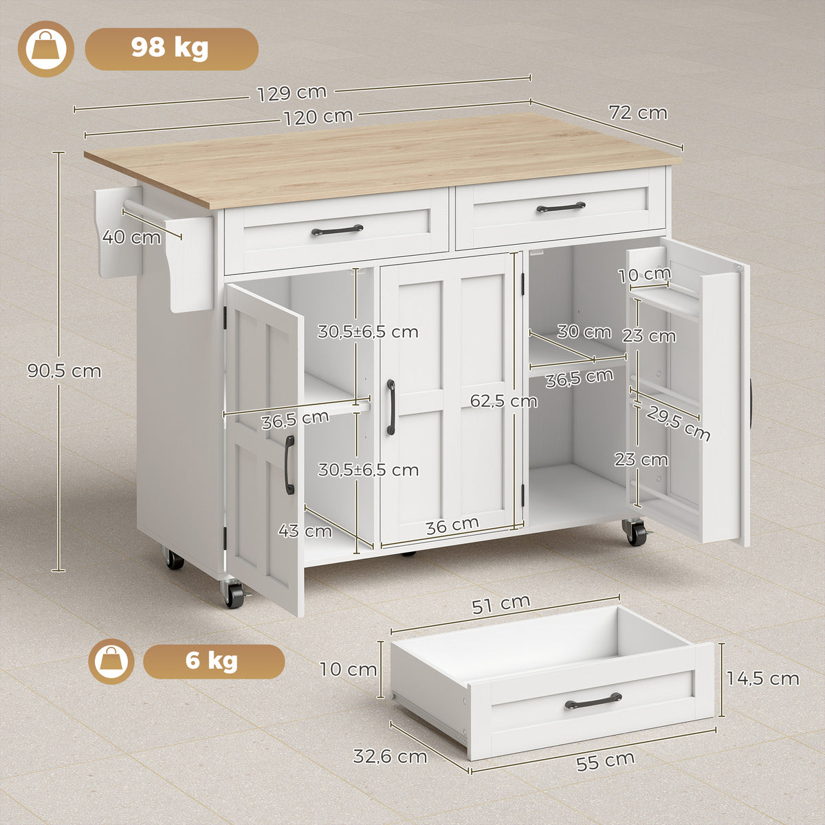 Îlot de cuisine avec plateau rabattable, chariot à roulettes 2 tiroirs, 3 portes, porte-racks et porte-serviettes, blanc-2