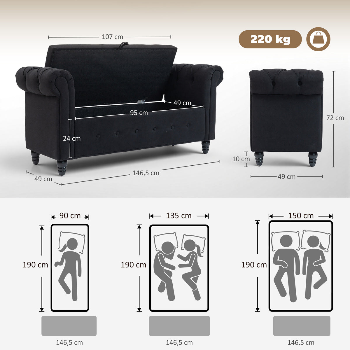 Banc banquette coffre 2 en 1 en tissu aspect lin avec pieds en bois 146,5 x 49 x 72 cm noir-2