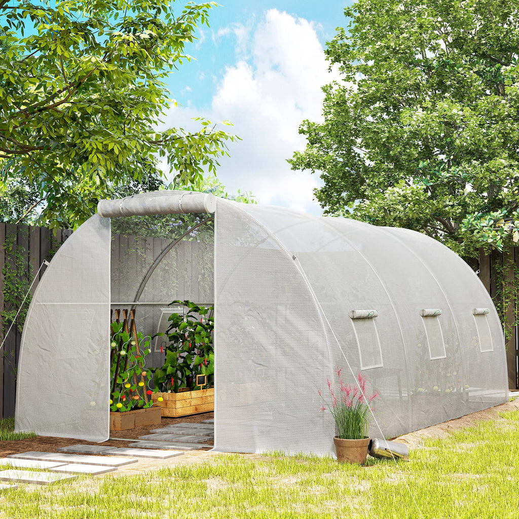 Serre de jardin tunnel 13,5 m² 6 fenêtres, porte zippée enroulable châssis acier galvanisé, bâche PE 4,5 x 3 x 2 m blanc-1