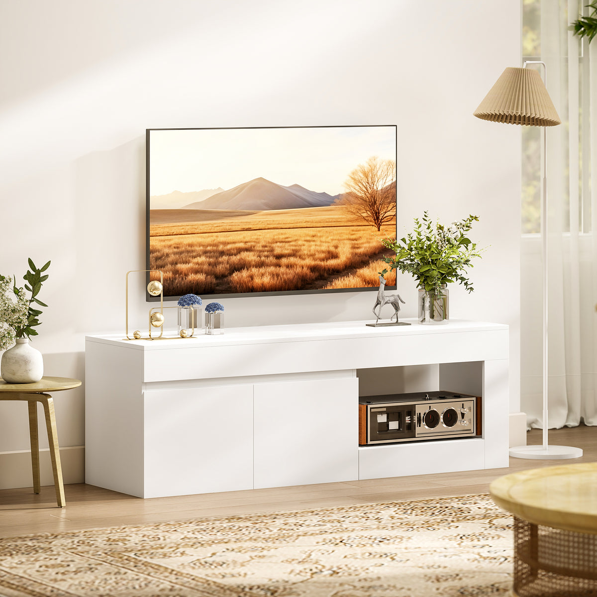 Meuble TV 2 portes pour téléviseurs jusqu'à 60 pouces, meuble télé avec placard et étagère ouverte, blanc-1