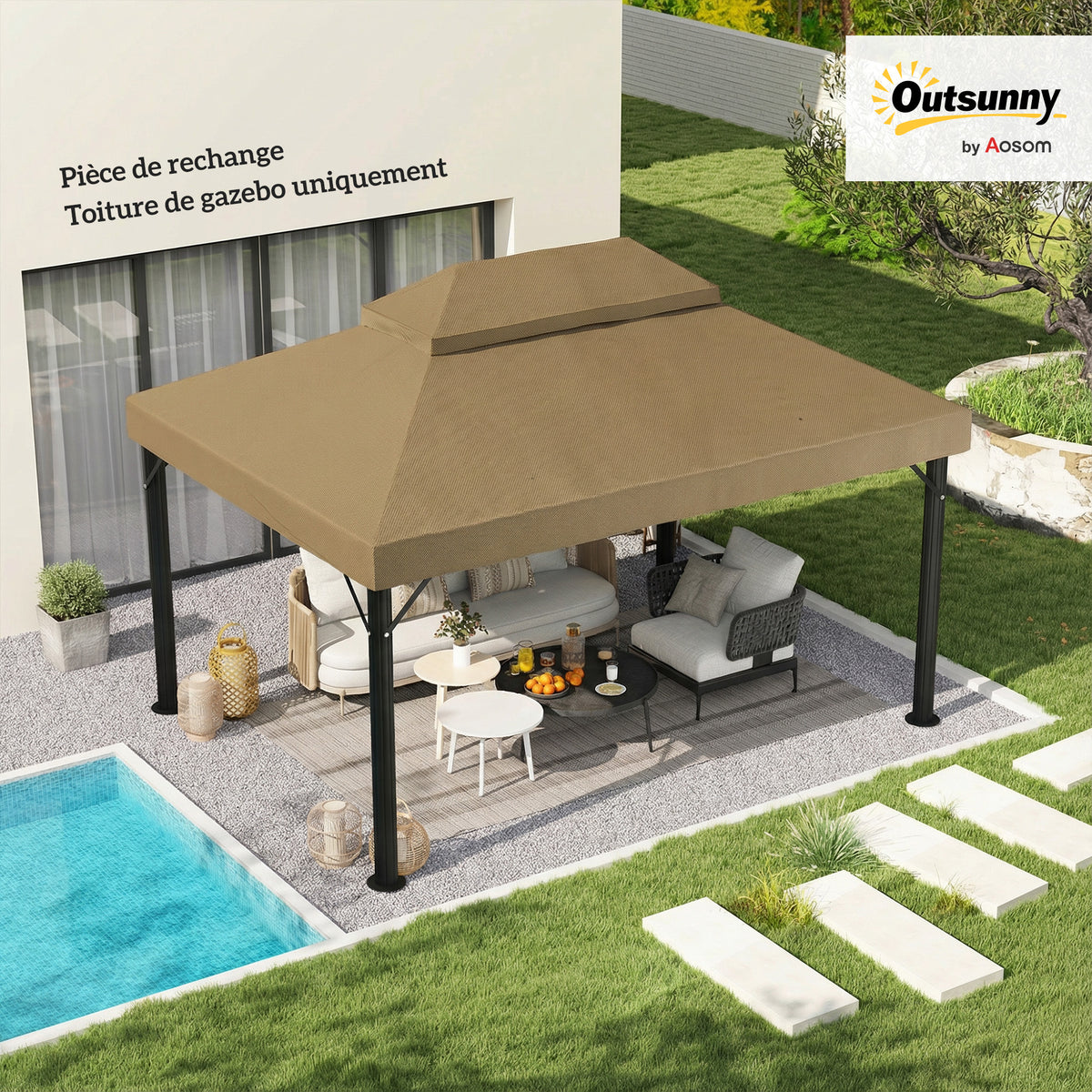 Toile de rechange pour pavillon toile de tonnelle 4 x 3 m, double toit avec trous de drainage, polyester 370 g/m², beige-1