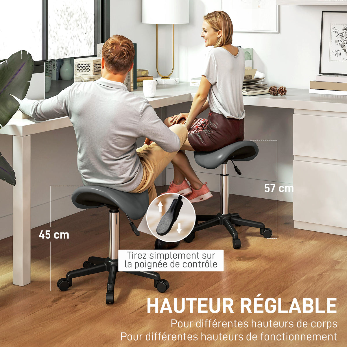 Tabouret à roulettes, chaise de travail avec hauteur réglable 45-57 cm et selle ergonomique, 48x47x45-57cm, gris-3