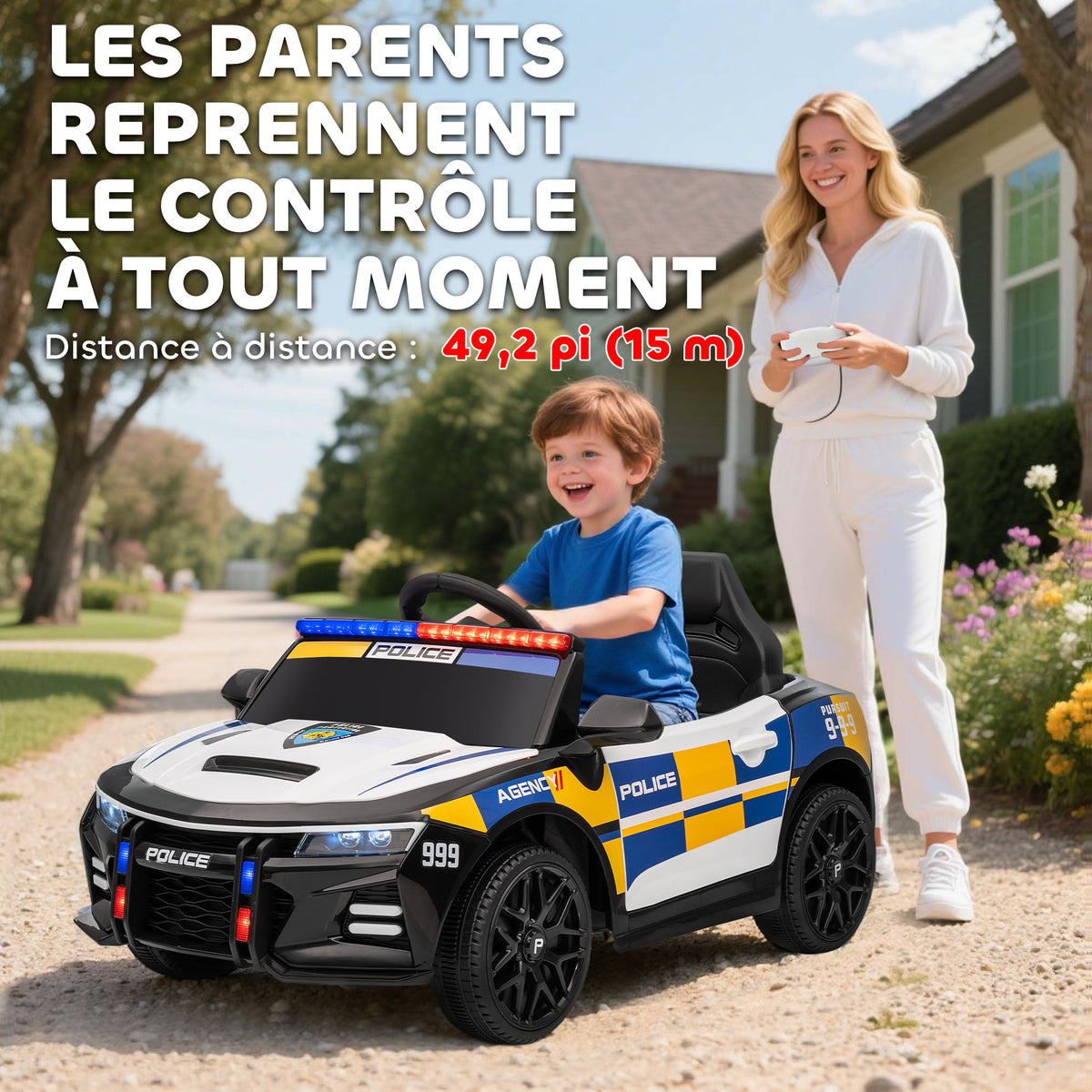 Voiture électrique de police enfant 12V, double moteur, télécommande, USB, MP3, musique & klaxon, multicolore-4