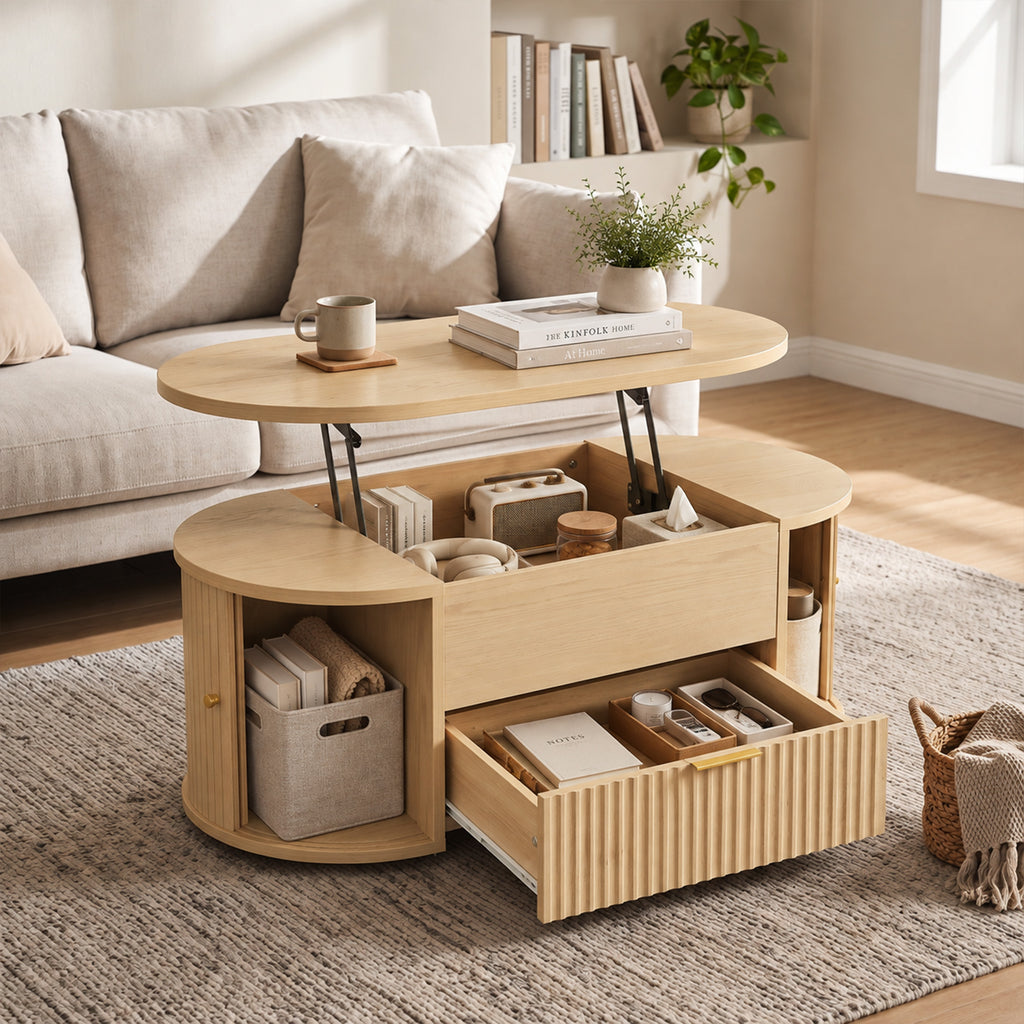 Table Basse Relevable Ovale, Compartiment Caché, Tiroir Cannelé, Portes Coulissantes et Placards, 100x50x40cm, Chêne-8