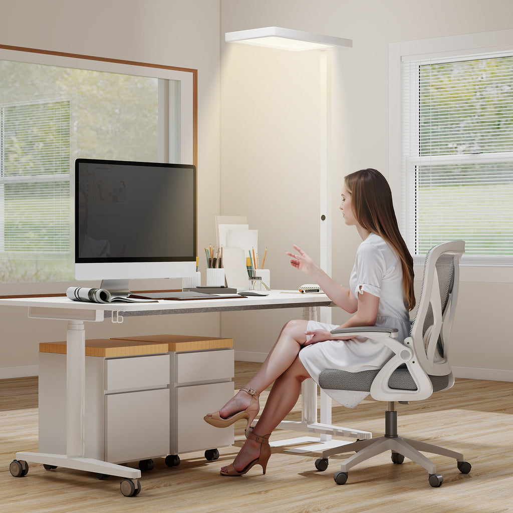 Lampadaire sur pied salon LED dimmable spectre complet pour le soin des yeux télécommande 60 x 32 x 196 cm blanc-1