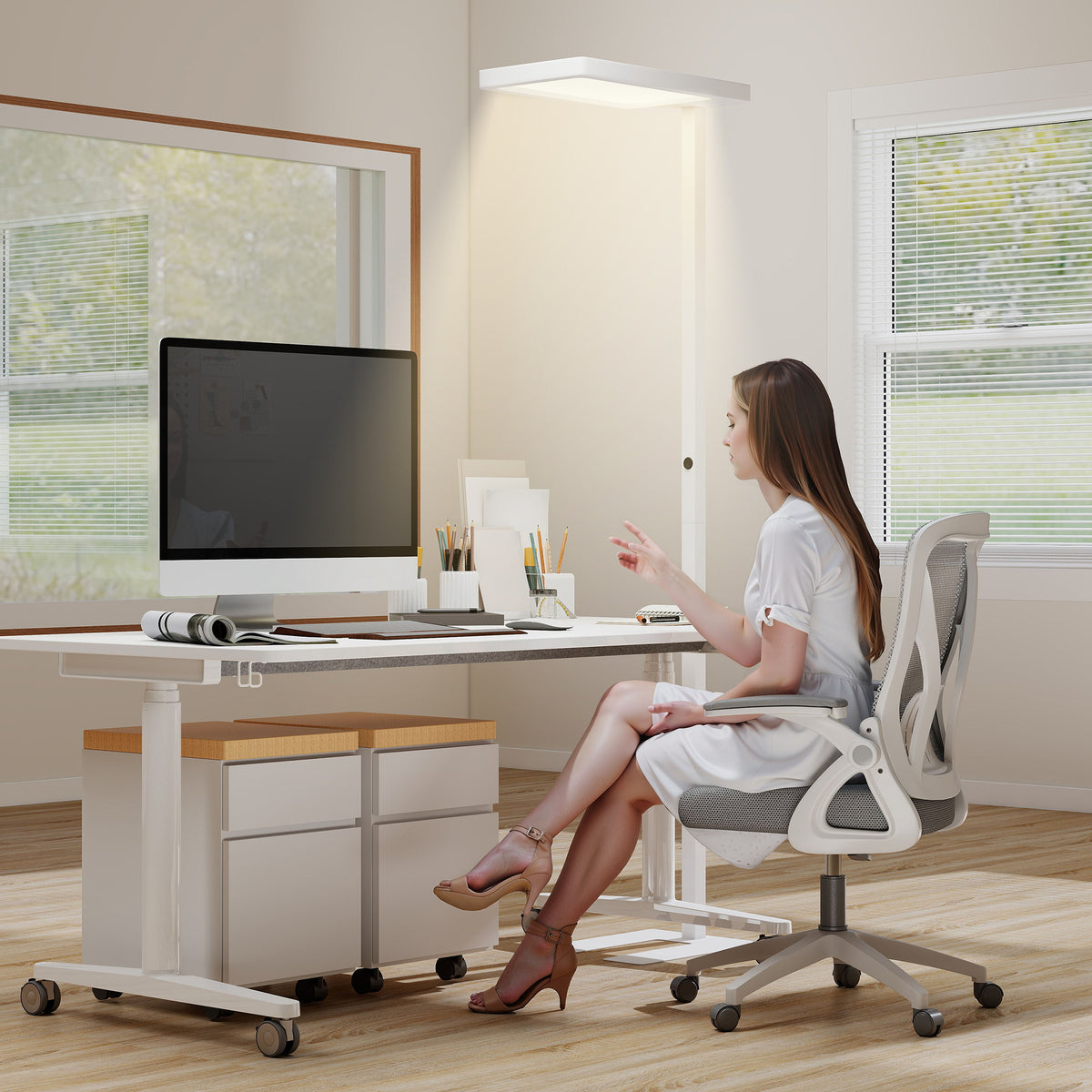 Lampadaire sur pied salon LED dimmable spectre complet pour le soin des yeux télécommande 60 x 32 x 196 cm blanc-1