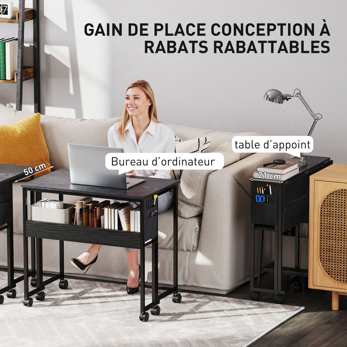 Bureau pliable sur roulettes 80 x 50 cm avec étagère et sac de rangement, noir-3