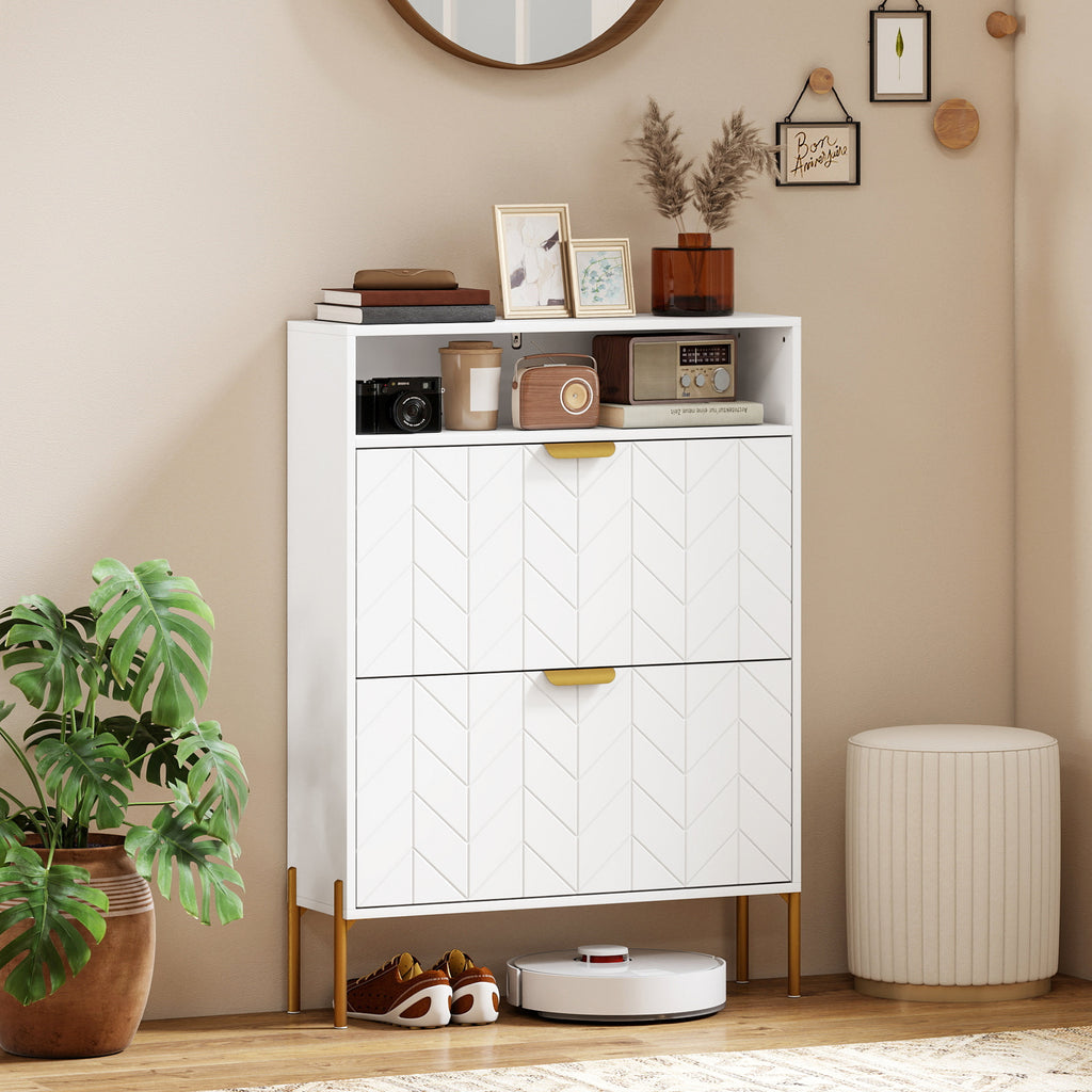 Meuble à chaussures 16 paires, armoire à chaussures étroite avec 2 tiroirs rabattables, compartiment ouvert, blanc-5