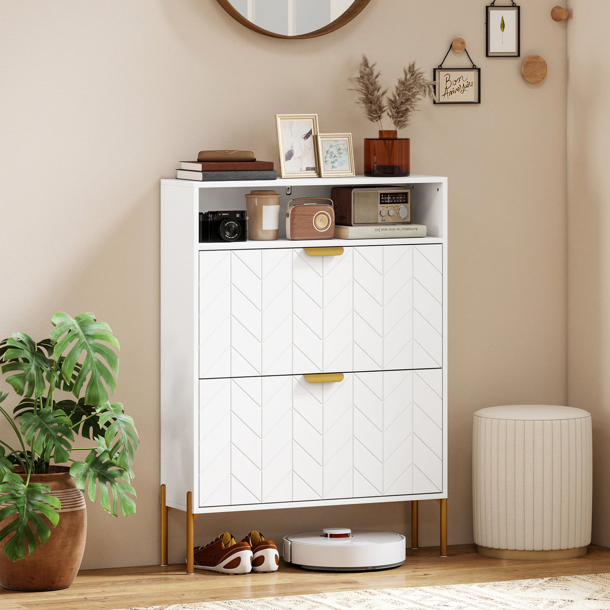 Meuble à chaussures 16 paires, armoire à chaussures étroite avec 2 tiroirs rabattables, compartiment ouvert, blanc-5