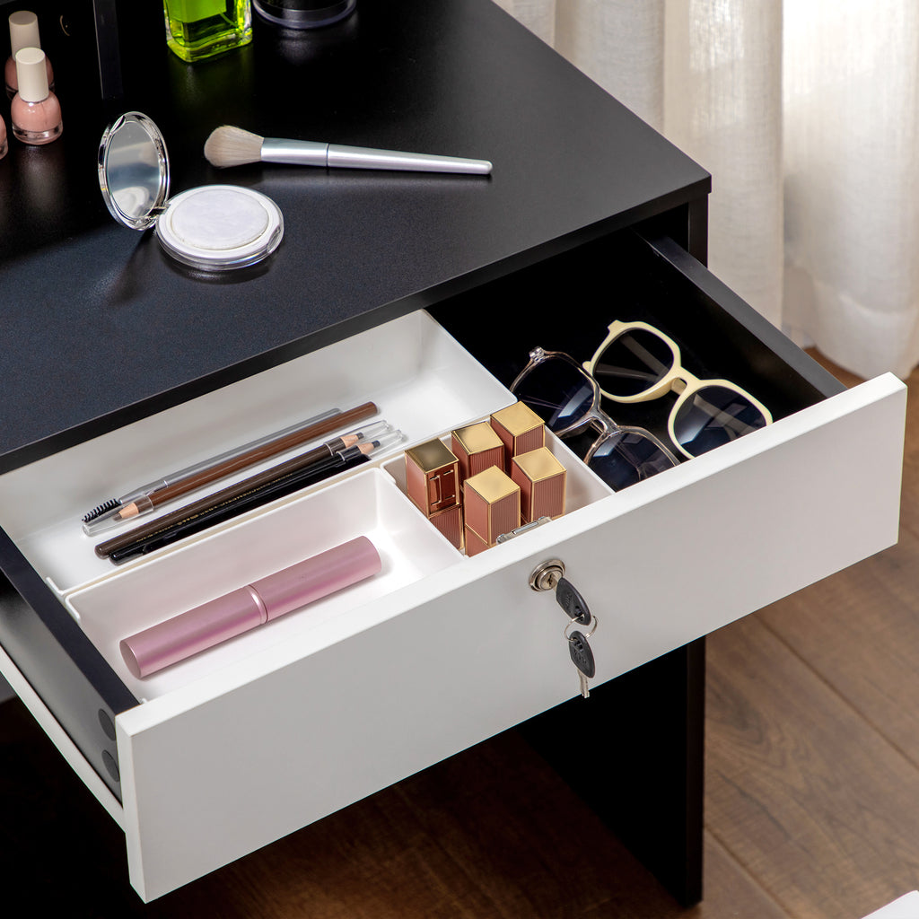 Ensemble de coiffeuse table de maquillage avec tabouret rembourré grand miroir + plusieurs étagères ouvertes + 4 tiroirs blanc noir-6
