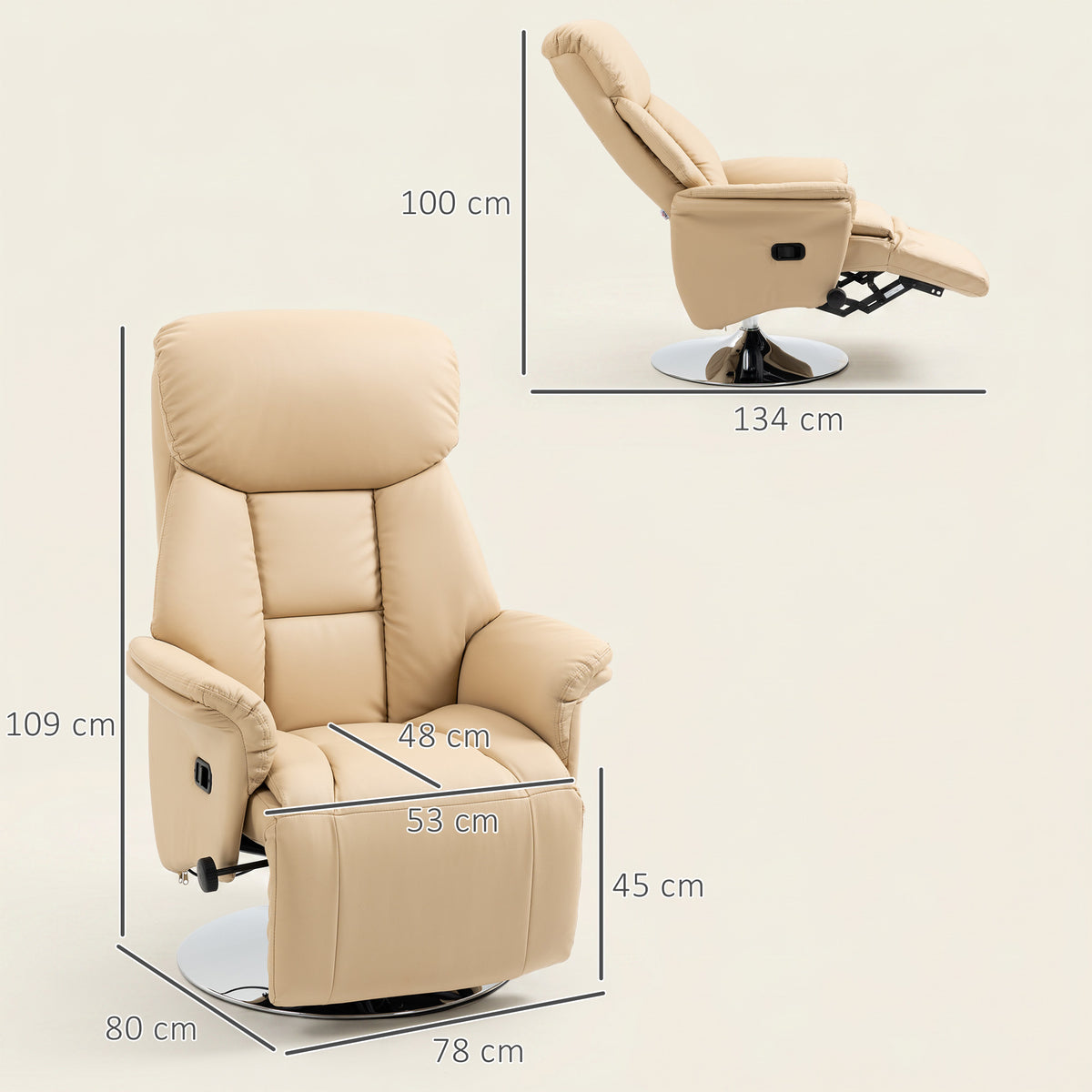 Fauteuil inclinable pivotant repose-pied réglable accoudoirs piètement acier chromé revêtement synthétique PU beige-2