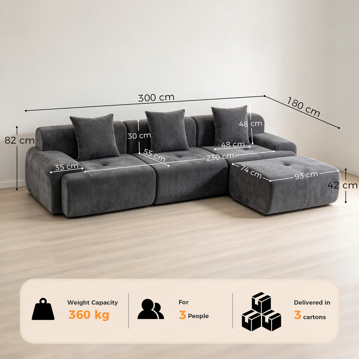 Canapé d'Angle Modulable 3 Places avec Pouf en Chenille, Canapé Compressé 300 cm avec Assise Profonde, 3 Coussins, Gris-2