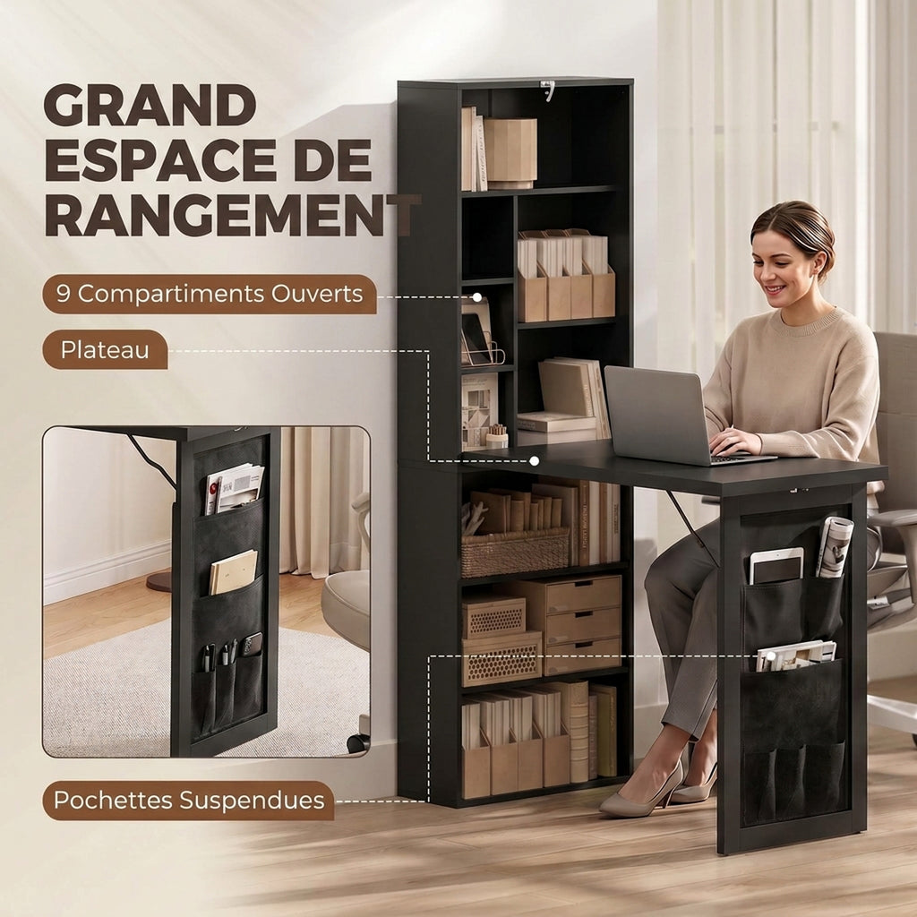 Bureau Informatique Pliable avec Pochette Suspendue, Compartiments Ouverts et Étagère Réglable, Noir-4