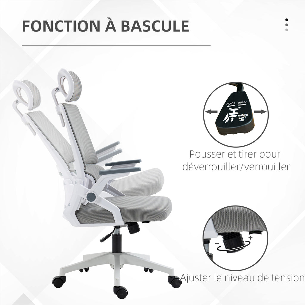 Fauteuil de bureau réglable tissu maille polyester dossier ergonomique inclinable pivotant Gris-4