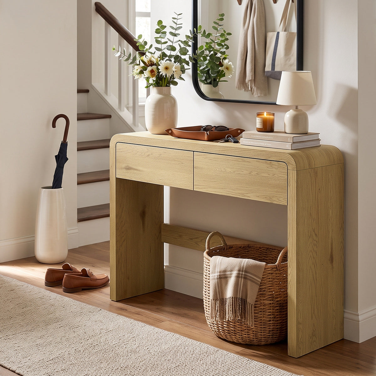 Table Console avec 2 Tiroirs, Console Meuble, 100 x 30 x 85 cm, Coins Arrondis et Plateau Épais, Bois Naturel-8