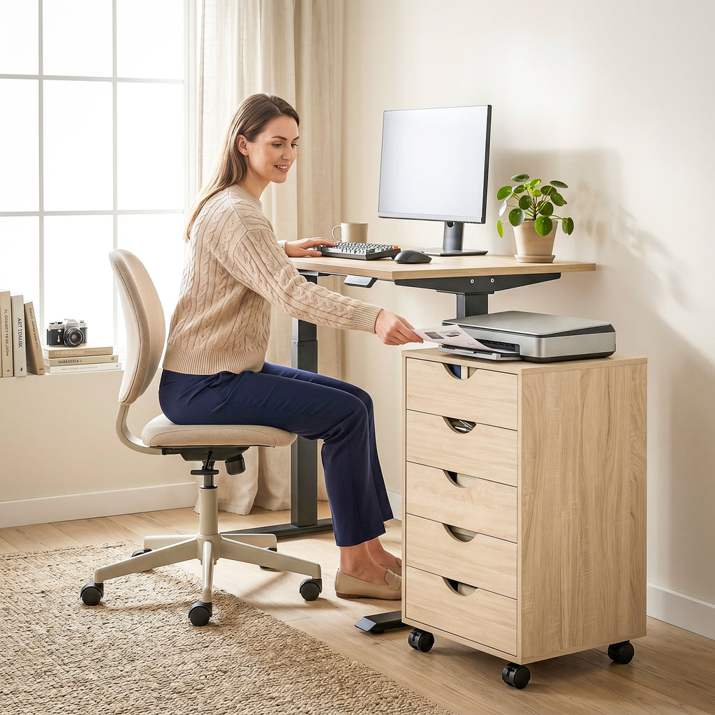 Caisson bureau mobile, meuble rangement sur roulettes avec 5 tiroirs, bois, 40 x 40 x 67 cm, chêne-6