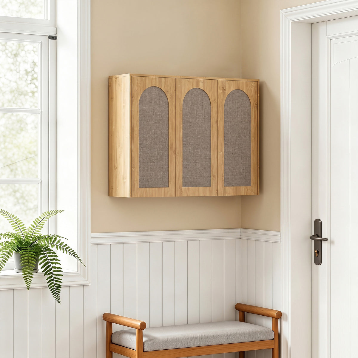Armoire murale de salle de bain bohème avec 3 portes effet rotin à fermeture douce et étagère réglable, chêne-9