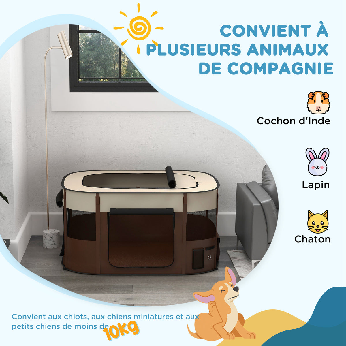 Parc pliable pour animaux de compagnie parc pour chiots en tissu Oxford avec fenêtres et portes sac de rangement marron-3