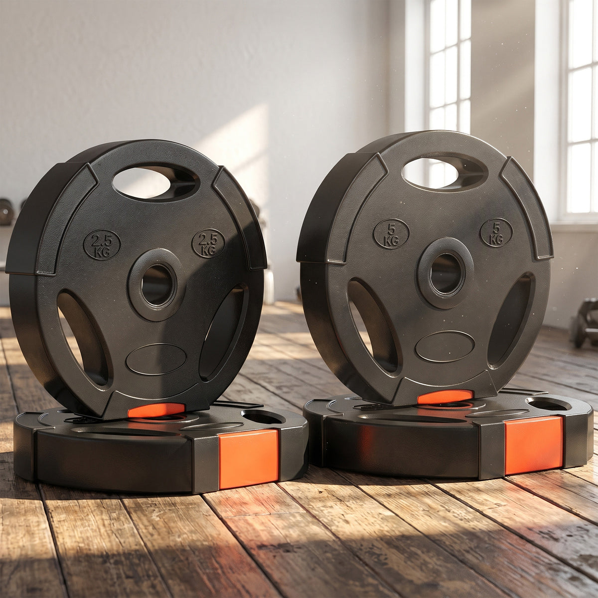 Disques de poids, plaques de poids 2 x 5 kg et 2 x 2,5 kg, à trois poignées avec trous de Ø 25 mm, noir-1