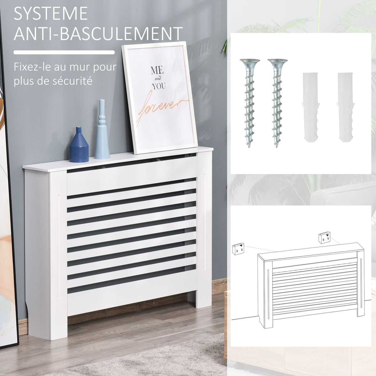 Cache-radiateur couverture radiateur Design à Lattes Panneau Cabinet pour salon cuisine chambre couloir dim. 112L x 19l x 81H cm MDF Blanc-5