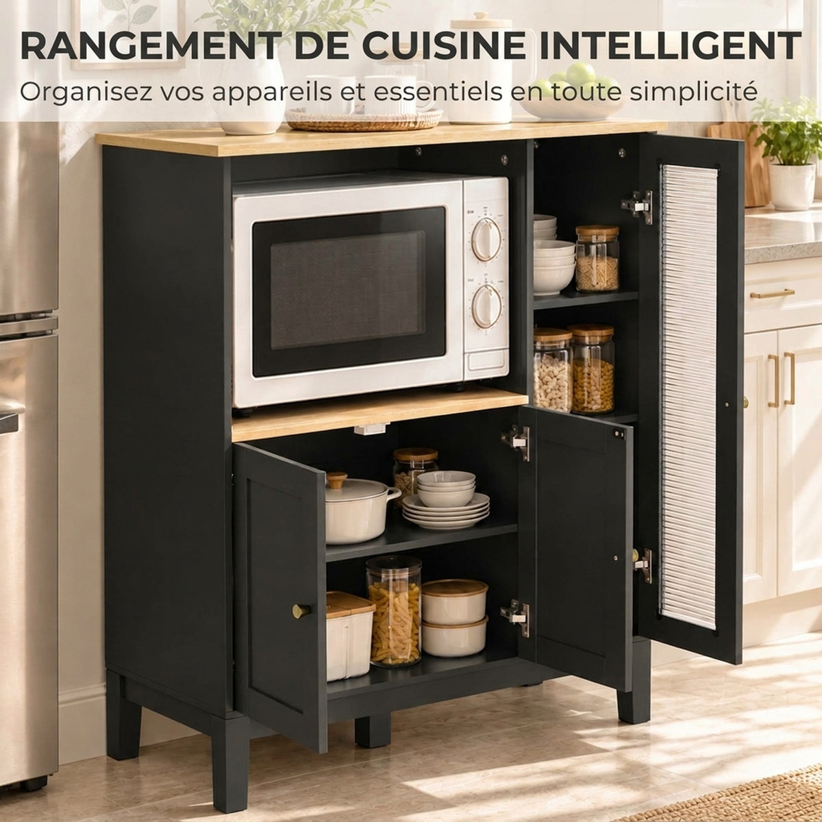 Meuble armoire micro-ondes pour cuisine avec 1 niche, 3 portes passe-câbles 80 x 35 x 97 cm noir et aspect bois-3