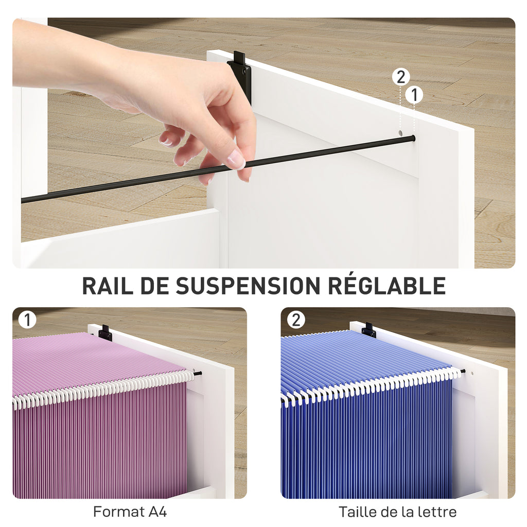 Caisson bureau, meuble rangement bois 3 tiroirs et serrure, barres de suspension réglables, 40 x 40 x 101 cm, blanc-4