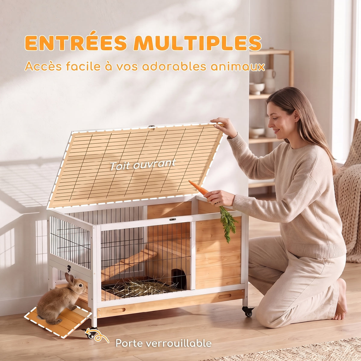 Clapier lapin intérieur clapier pour cochon d'inde en bois avec toit ouvrant et roulettes 90 x 53 x 59 cm jaune et blanc-4