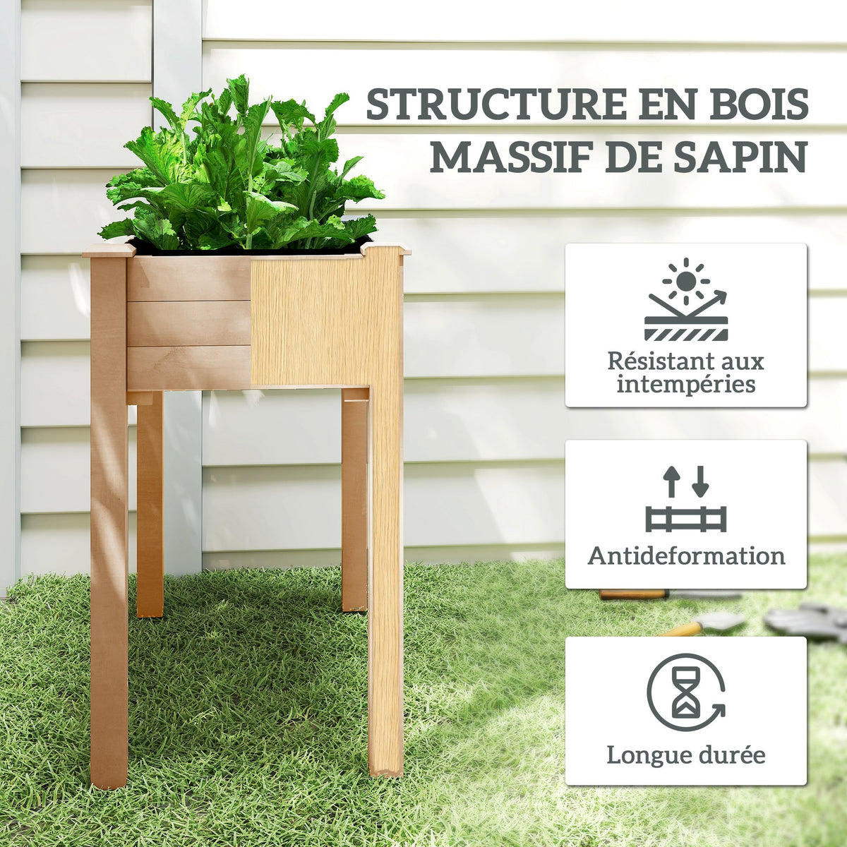 Jardinière surélevée en Bois, Carré Potager sur Pied surélevé, Trous de Drainage, Tissu non tissé, 86x46x76 bois naturel-4