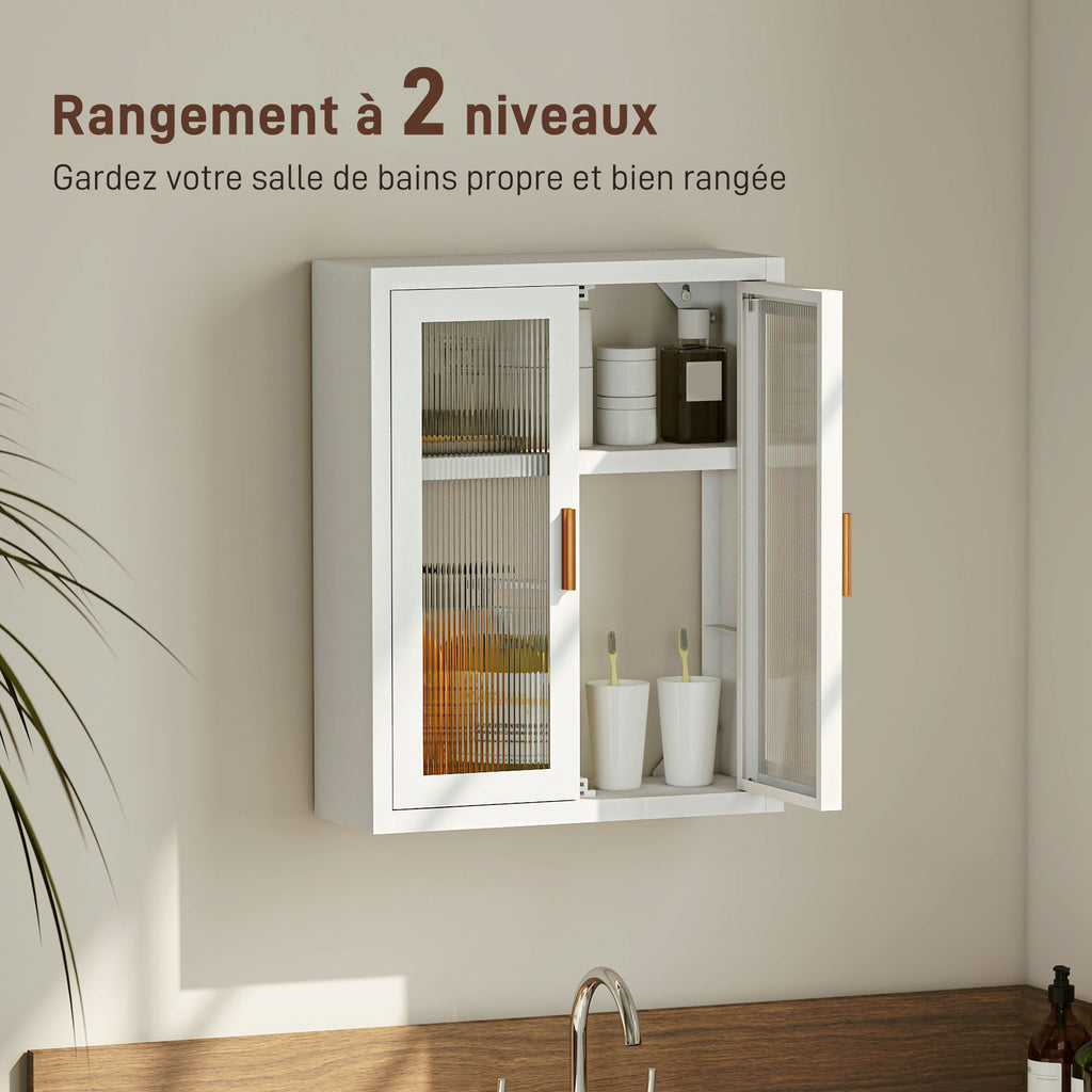 Armoire murale de salle de bain, meuble haut salle de bains avec 2 portes cannelées, étagère réglable, 40x14x50cm, blanc-3