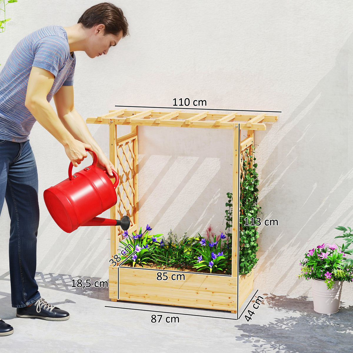 Jardinière surélevée avec treillis latéral et supérieur, bac à fleurs trous de drainage, 110x44x113cm, bois naturel-2
