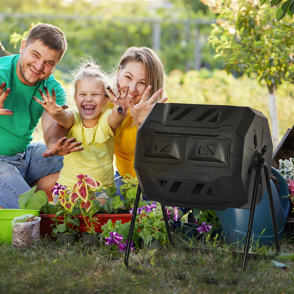 Composteur de Jardin - bac à Compost pour déchets - Rotatif 360° - Double Chambre 160 L - Acier PP Noir-1