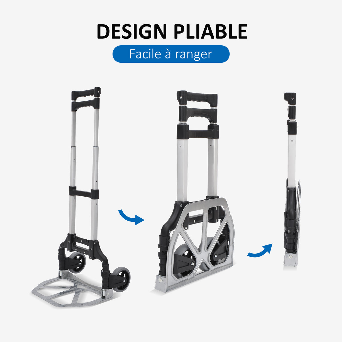 Chariot diable pliable leger telescopique charge 70kg en aluminium argent-noir-5