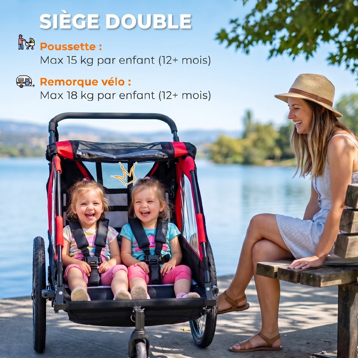 Remorque vélo enfant 2 en 1, poussette vélo bébé 2 places, guidon réglable, frein à main, ceinture de sécurité, rouge-4