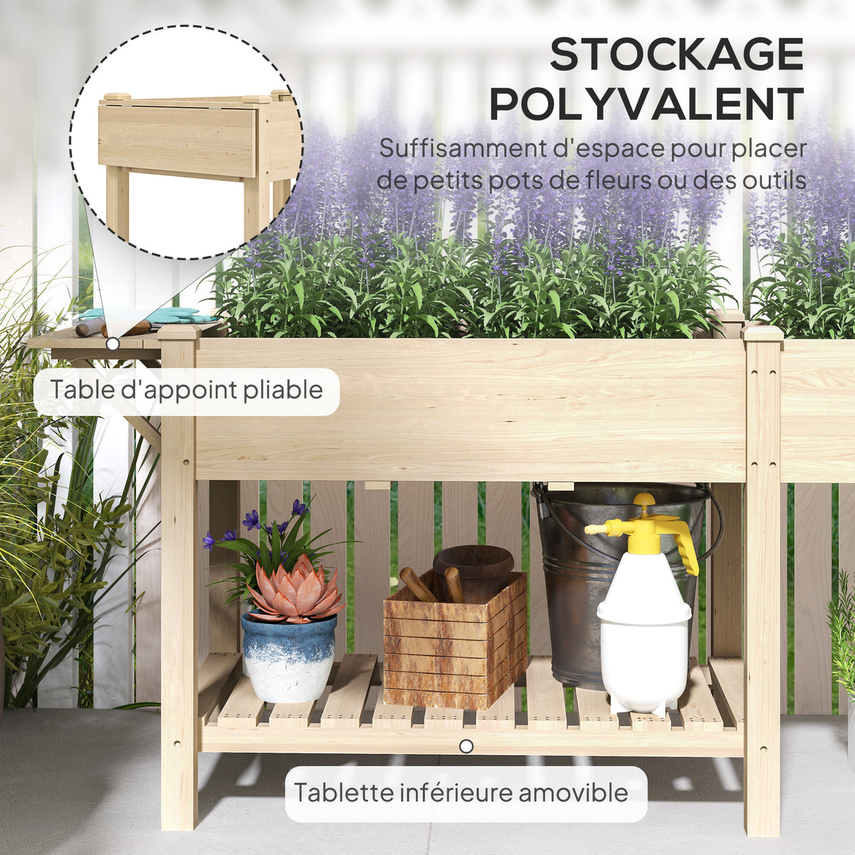 Jardinière sur pieds carré potager de jardin sur pieds 2 bacs tablette étagère inférieure 207 x 59 x 78 cm bois naturel-4