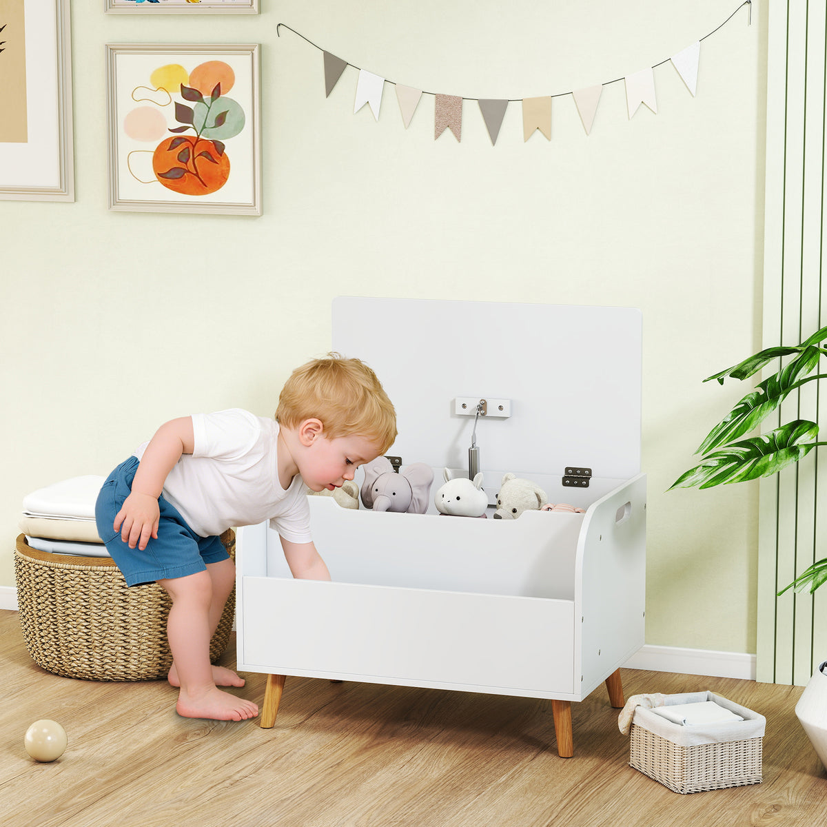 Coffre à jouet enfant, coffre de rangement enfant, couvercle rabattable et compartiment ouvert, 60x40x43cm, blanc-1