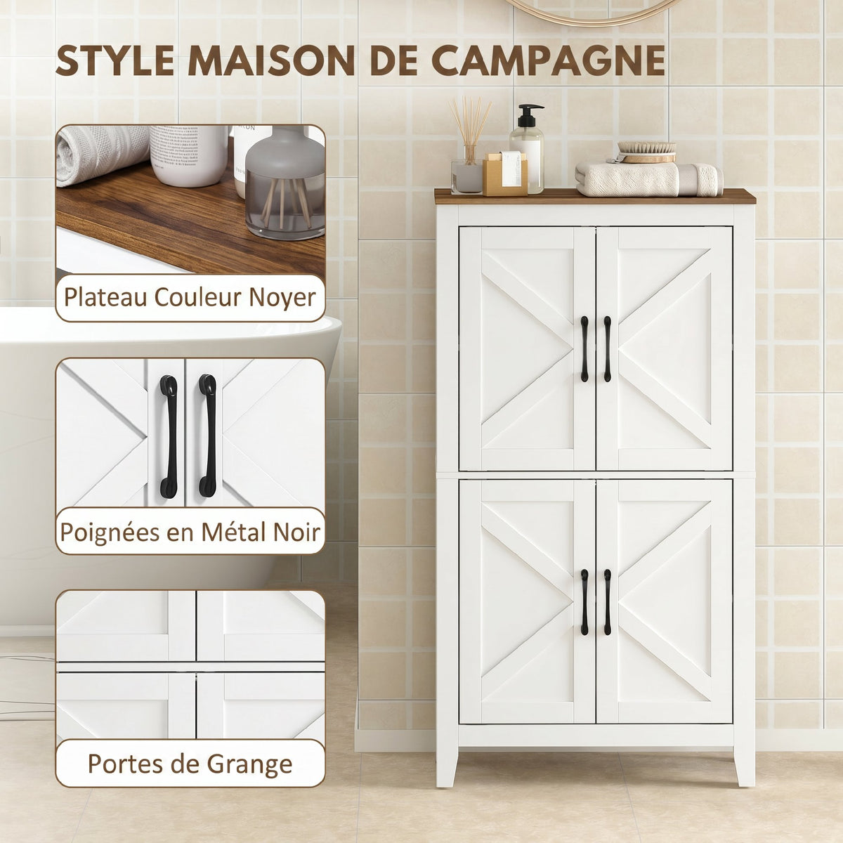Meuble de salle de bain, meuble de rangement étroit avec 4 portes de grange et étagères réglables, blanc-4