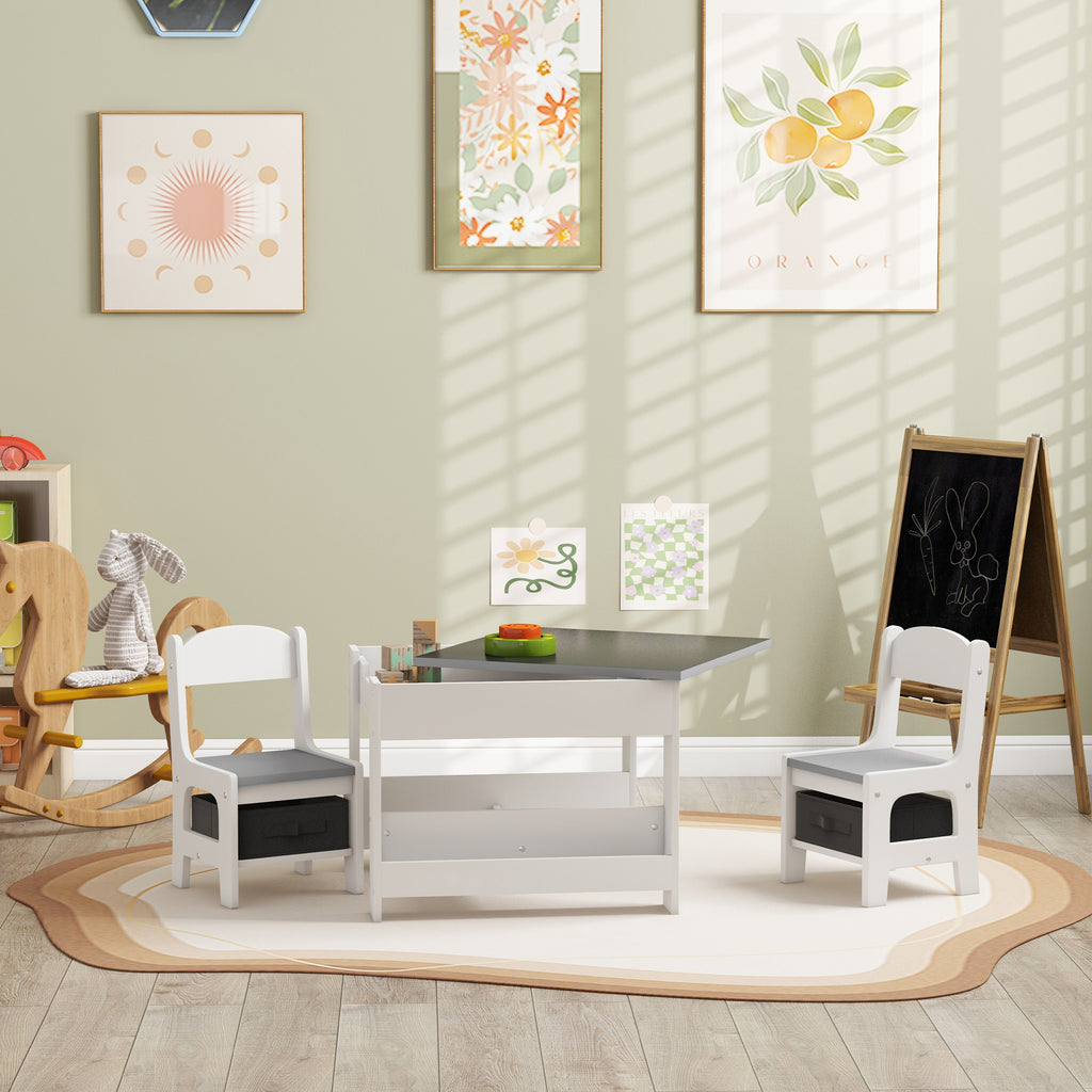 Ensemble 3 pièces table et 2 chaises pour enfant avec plateau réversible tableau noir, panier de rangement, étagères-9