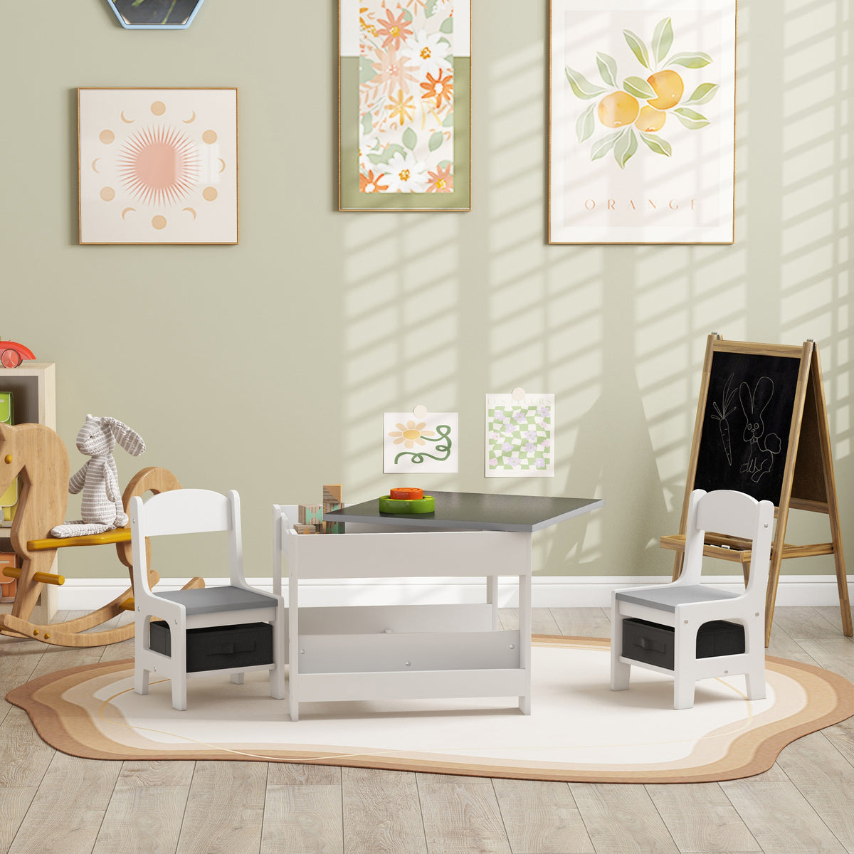 Ensemble 3 pièces table et 2 chaises pour enfant avec plateau réversible tableau noir, panier de rangement, étagères-9