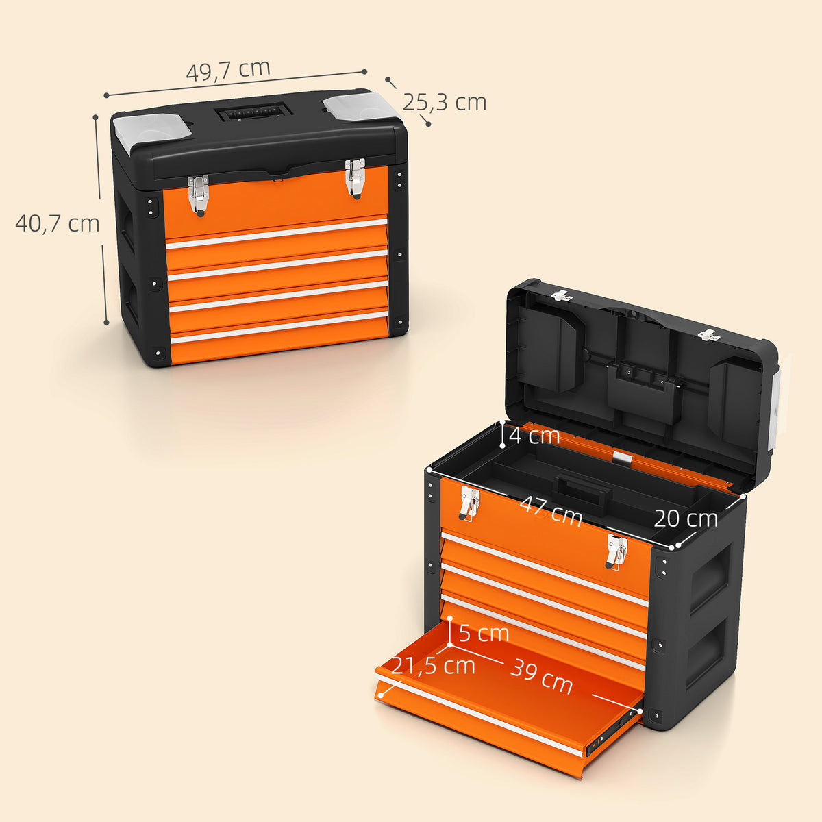 Boîte à Outils à 4 Tiroirs, Caisse à Outils en Acier Thermolaqué avec Plateau Amovible, 49,7x25,3x40,7cm, Orange-2