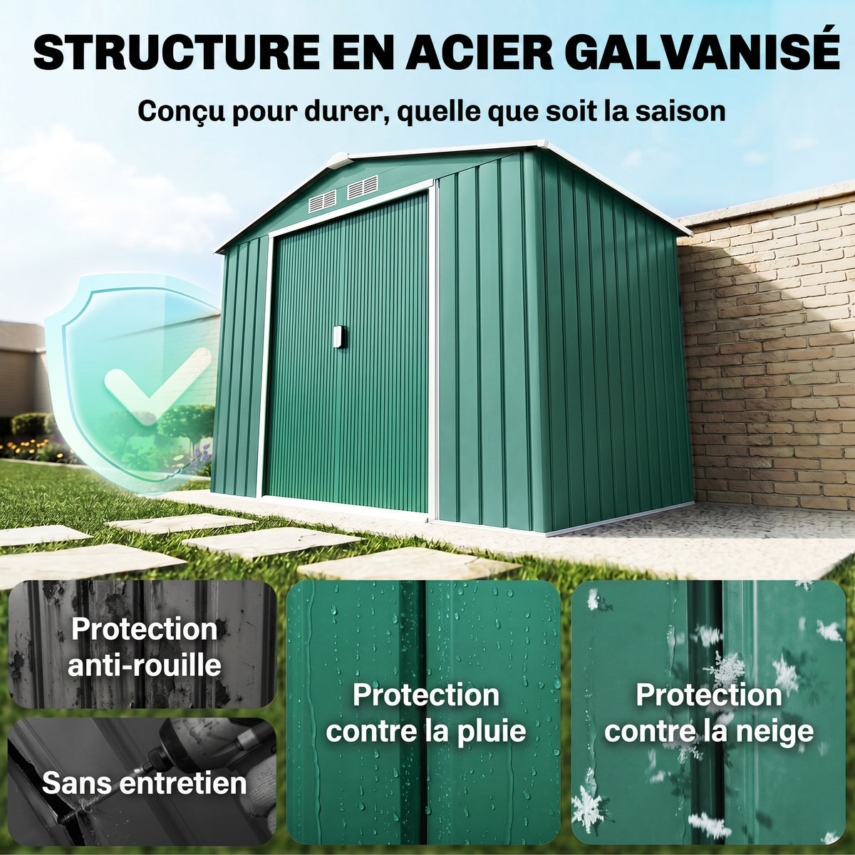 Abri de Jardin 2,42 m² - Remise pour Outils avec kit de fondation - cabanon Porte verrouillable - dim. 213L x 130l x 185H cm - tôle d'acier Vert-3