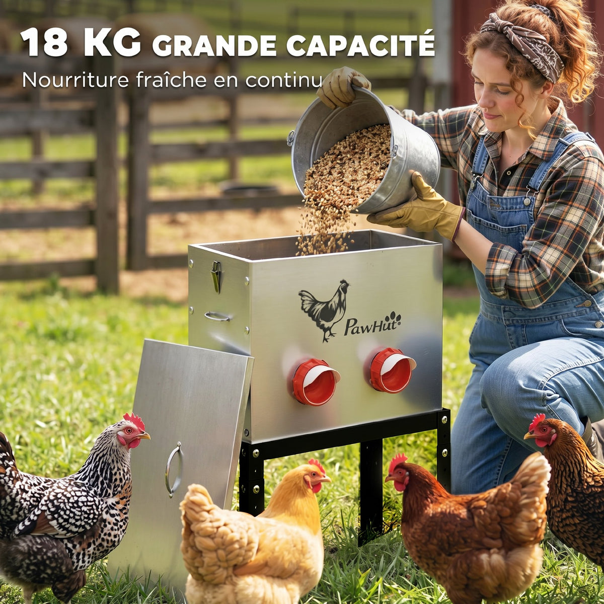 Mangeoire Automatique à Poulet 27L, 6 Ports, Hauteur Reglable, Couvercle Verrouillable, 42x25x55cm, Acier, Argent-3