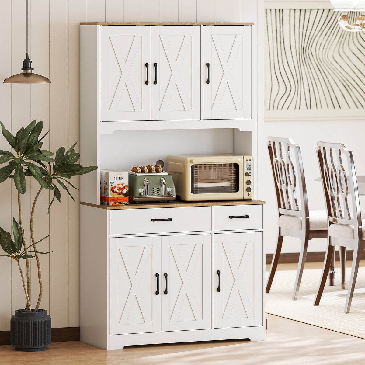 Buffet haut cuisine armoire de cuisine avec 6 portes 2 tiroirs plan de travail étagères réglables 94x39,5x175,2cm blanc-1