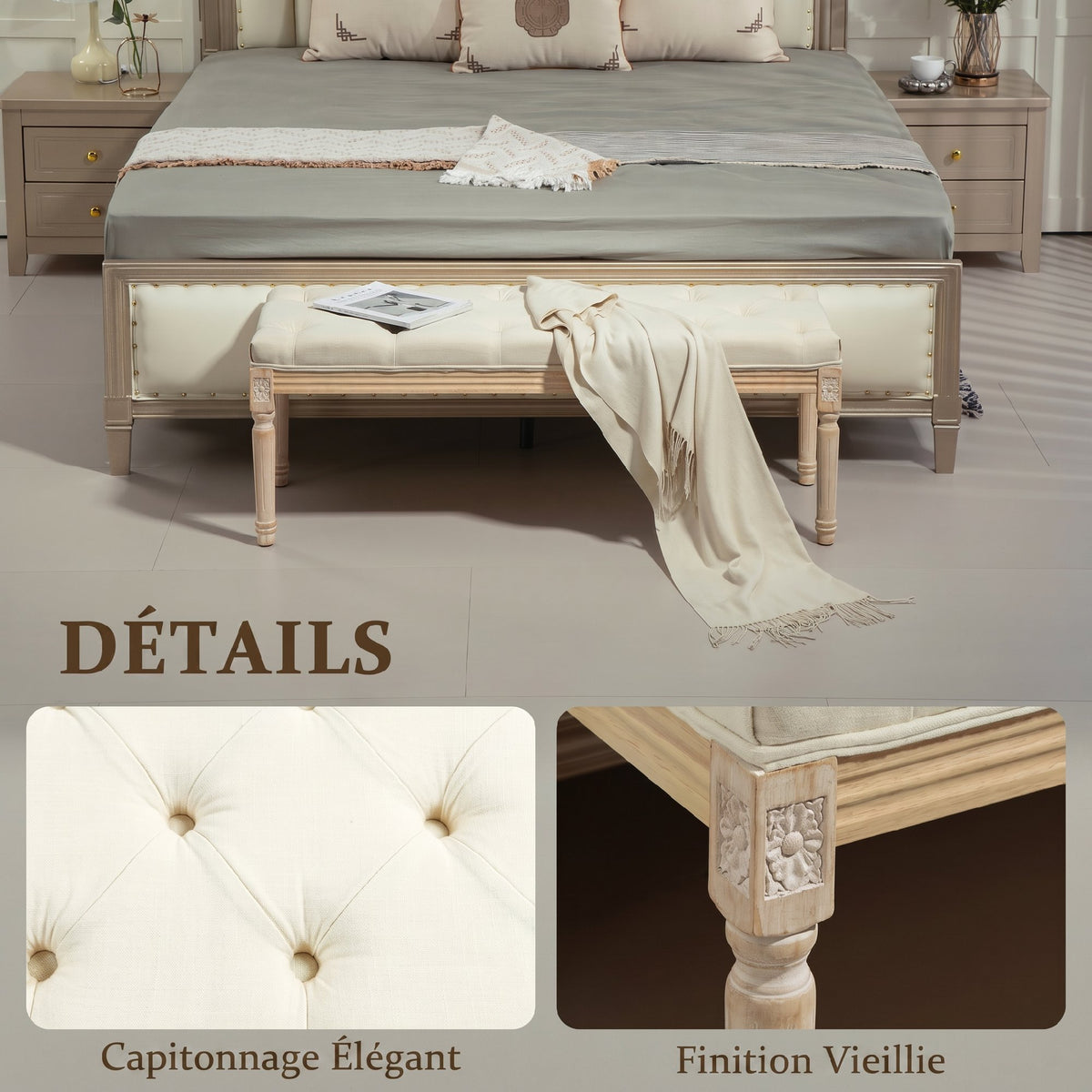 Banc Banquette classique capitonné 115cm bout de lit Rembourrée en lin - bois d'hévéa sculpté, patiné - crème-3