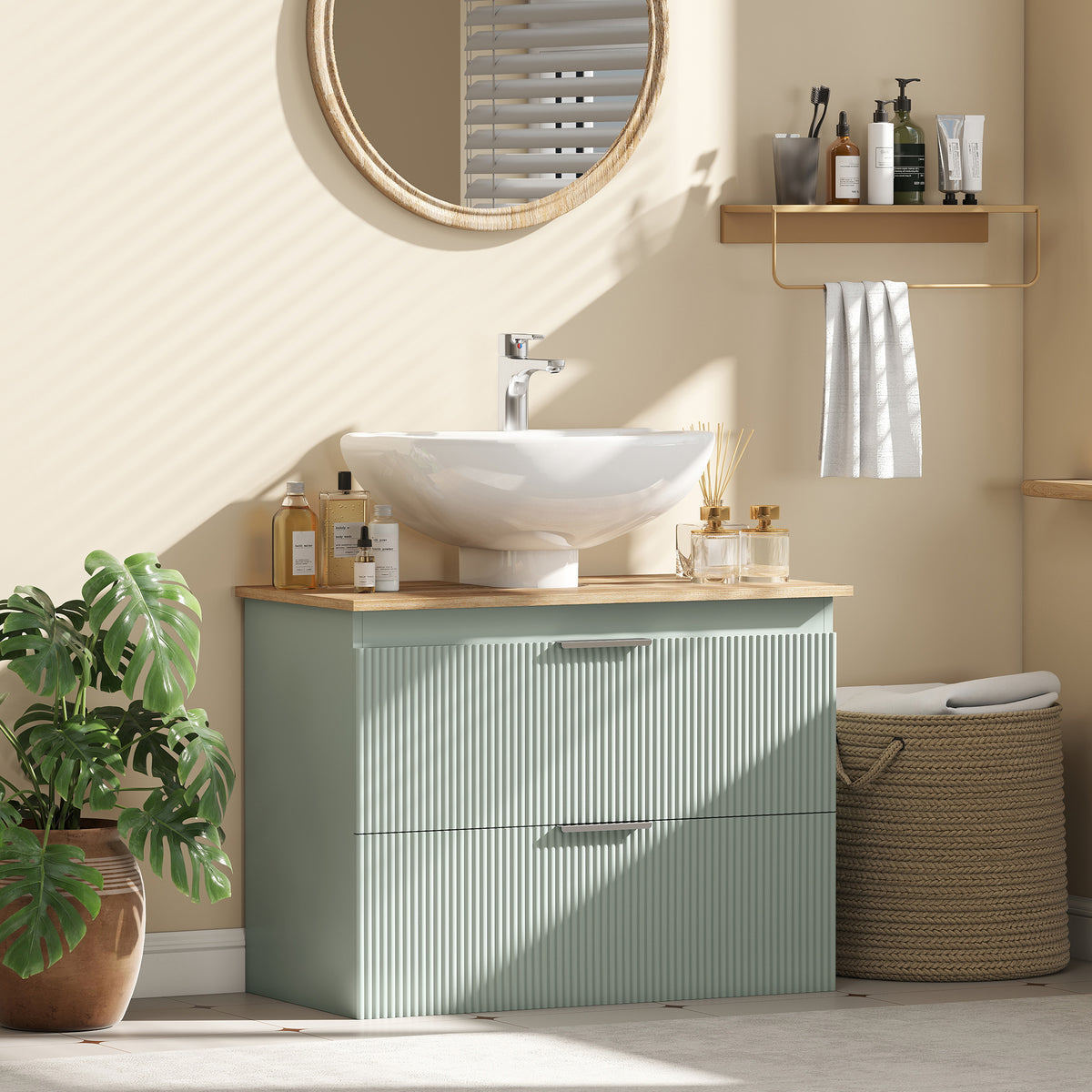 Meuble sous lavabo, meuble de salle de bain avec 2 tiroirs, style moderne, 80 x 40 x 60 cm, vert et bois naturel-1