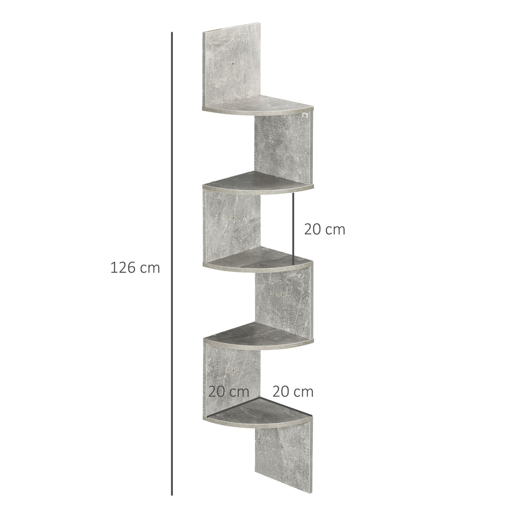 Étagère d'angle Murale de Rangement Forme Zigzag 20L x 20l x 126H cm 5 Niveaux Bois Gris-2