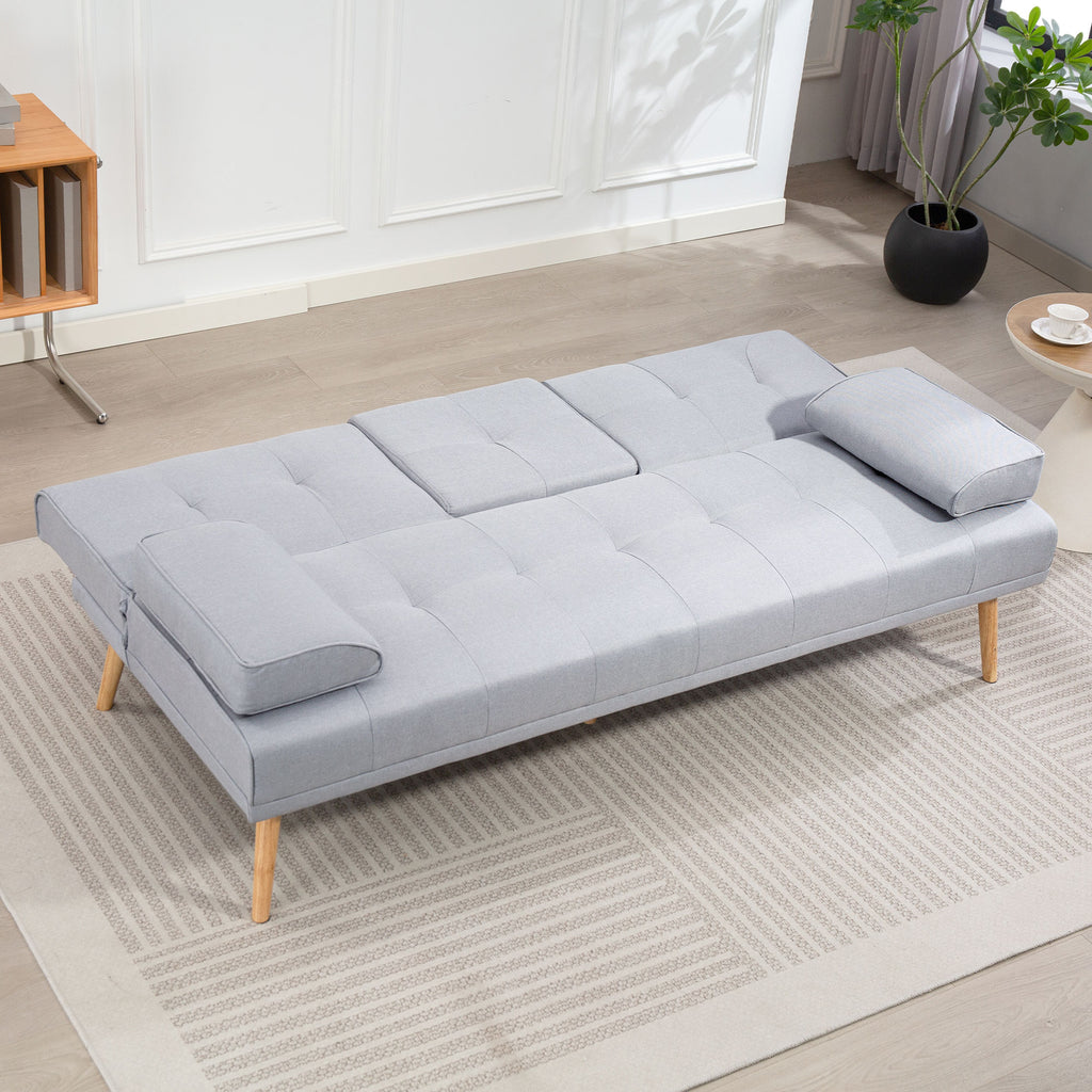 Canapé convertible 3 places, canapé-lit rembourré avec dossier réglable 3 niveaux, 2 coussins et 2 porte-gobelets intégrés, tissu de lin, pour salon, chambre d'amis, petit espace, gris clair-9